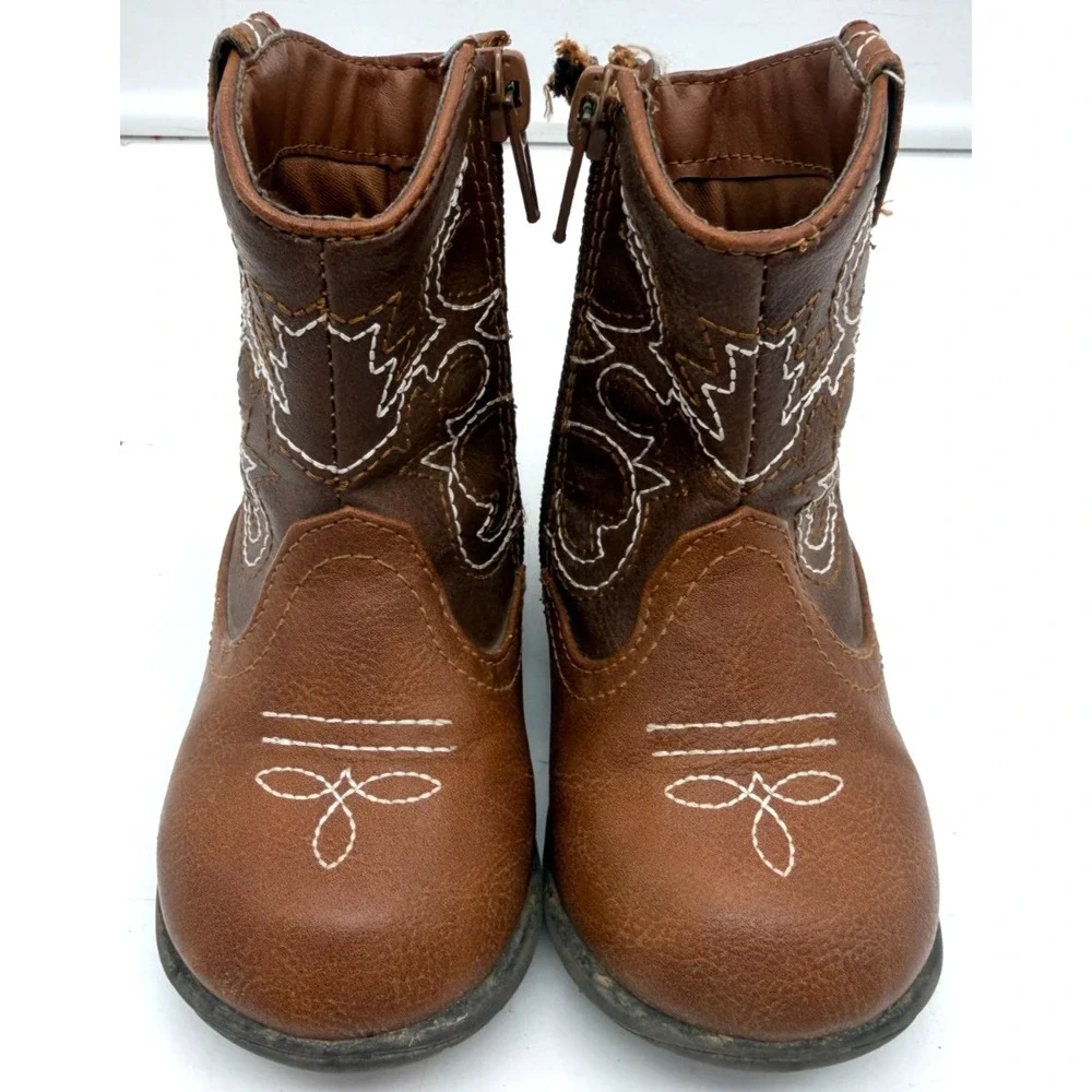 Wonder Nation Cowboy Boots Western Brown Faux Leather Side Zip | Toddler Size 6